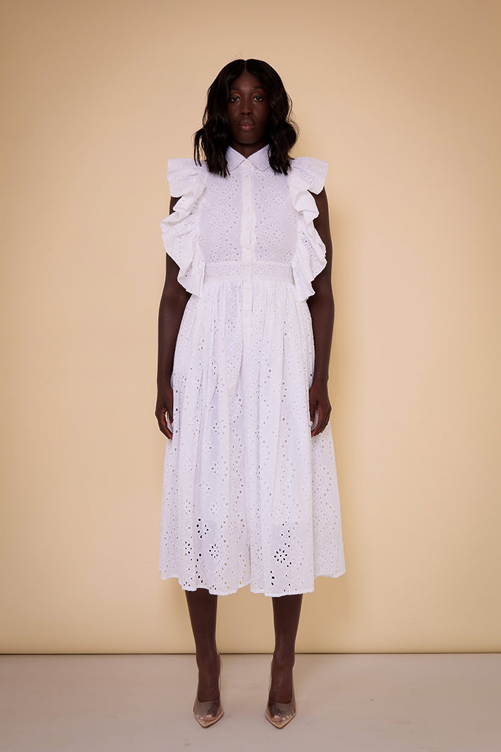PORTO BRODERIE ANGLAISE SIDE RUFFLE BUTTON DOWN DRESS
