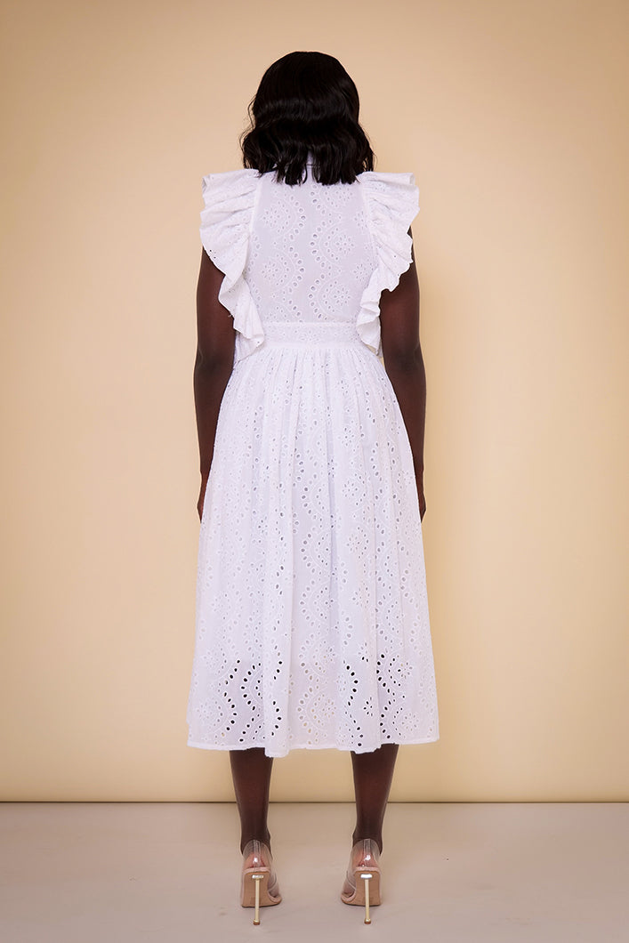 PORTO BRODERIE ANGLAISE SIDE RUFFLE BUTTON DOWN DRESS