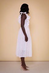 PORTO BRODERIE ANGLAISE SIDE RUFFLE BUTTON DOWN DRESS
