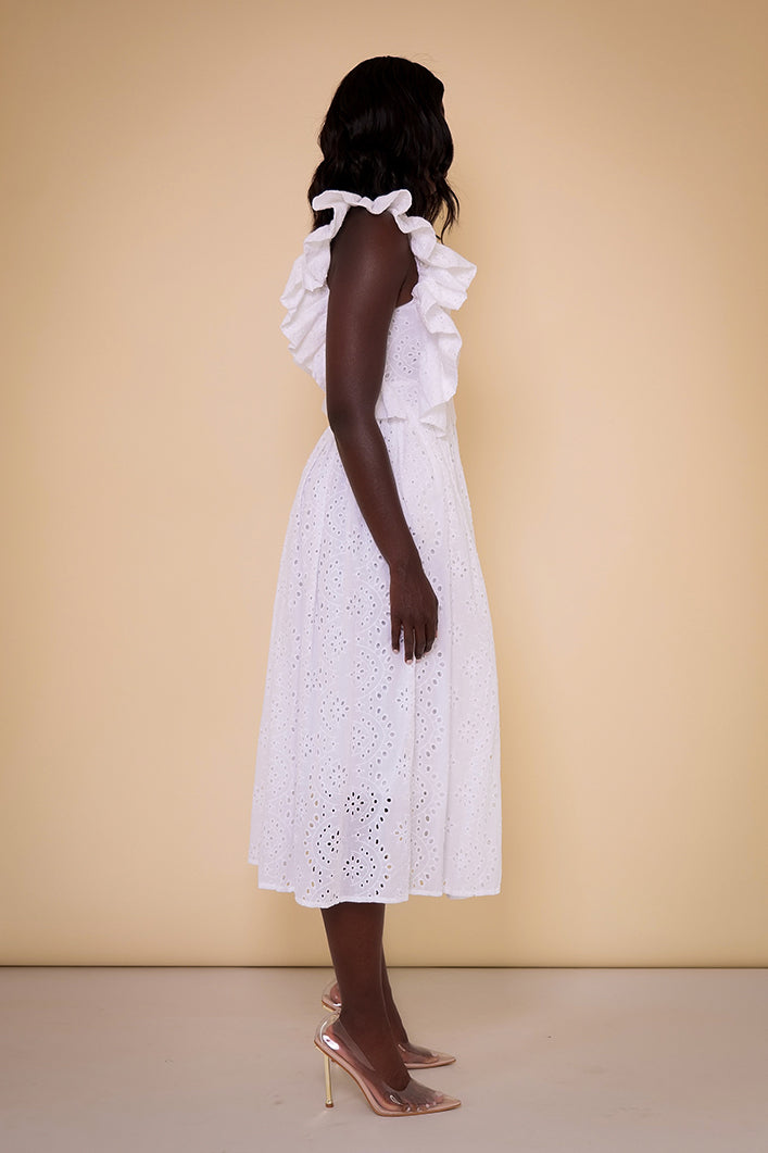 PORTO BRODERIE ANGLAISE SIDE RUFFLE BUTTON DOWN DRESS