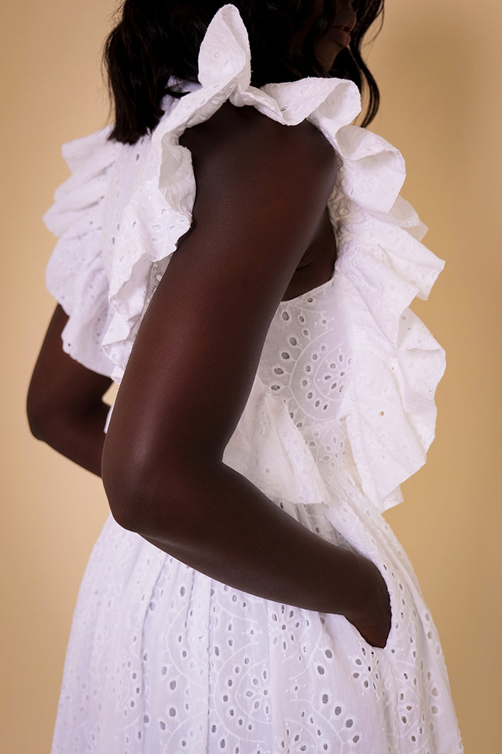 PORTO BRODERIE ANGLAISE SIDE RUFFLE BUTTON DOWN DRESS