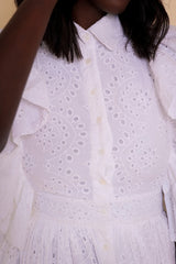 PORTO BRODERIE ANGLAISE SIDE RUFFLE BUTTON DOWN DRESS