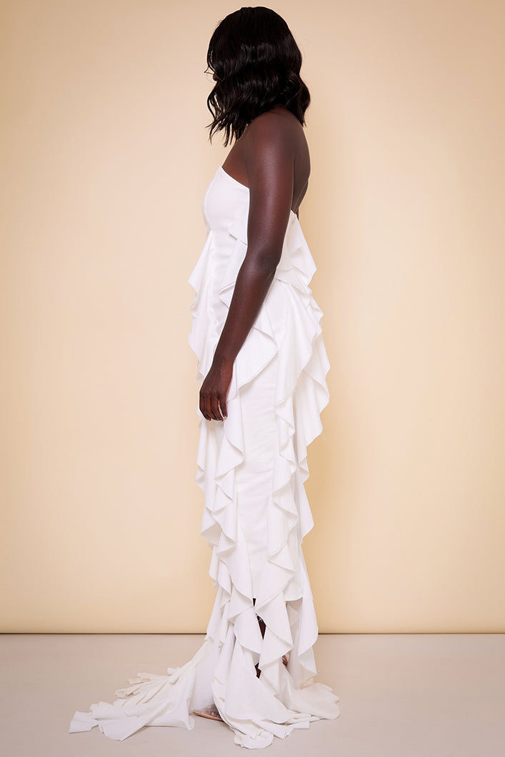 SEVILLE SLEEVELESS WATERFALL RUFFLE DRESS IN WHITE
