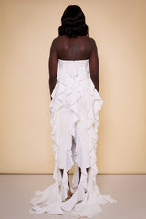 SEVILLE SLEEVELESS WATERFALL RUFFLE DRESS IN WHITE