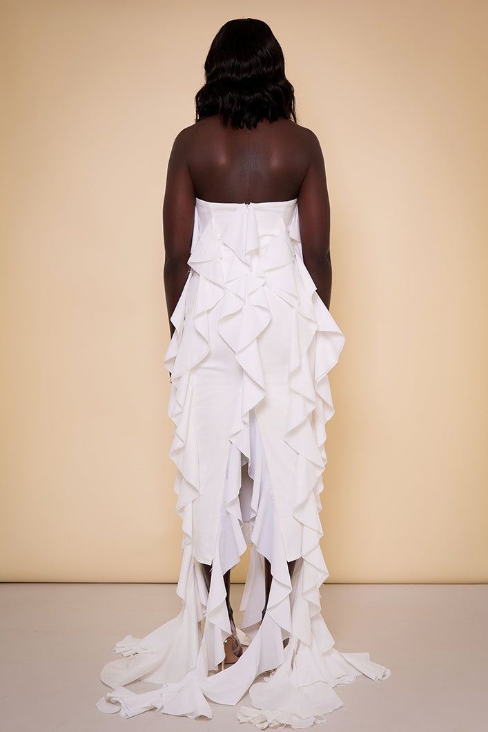 SEVILLE SLEEVELESS WATERFALL RUFFLE DRESS IN WHITE