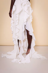 SEVILLE SLEEVELESS WATERFALL RUFFLE DRESS IN WHITE