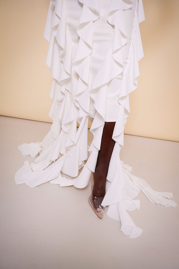 SEVILLE SLEEVELESS WATERFALL RUFFLE DRESS IN WHITE