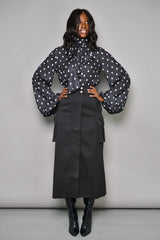 SOUSSE PUSSYBOW BLOUSE IN BLACK DIAMOND POLKADOT PRINT