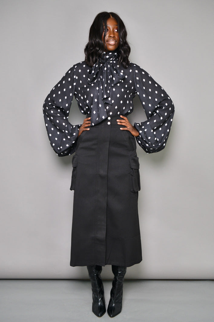 SOUSSE PUSSYBOW BLOUSE IN BLACK DIAMOND POLKADOT PRINT