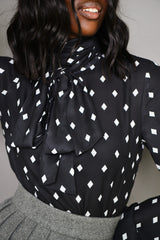 SOUSSE PUSSYBOW BLOUSE IN BLACK DIAMOND POLKADOT PRINT