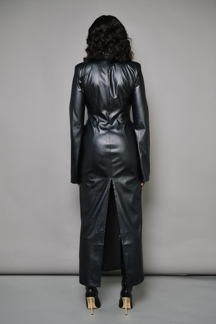 STOCKHOLM FAUX LEATHER MAXI SHIRT DRESS IN BLACK