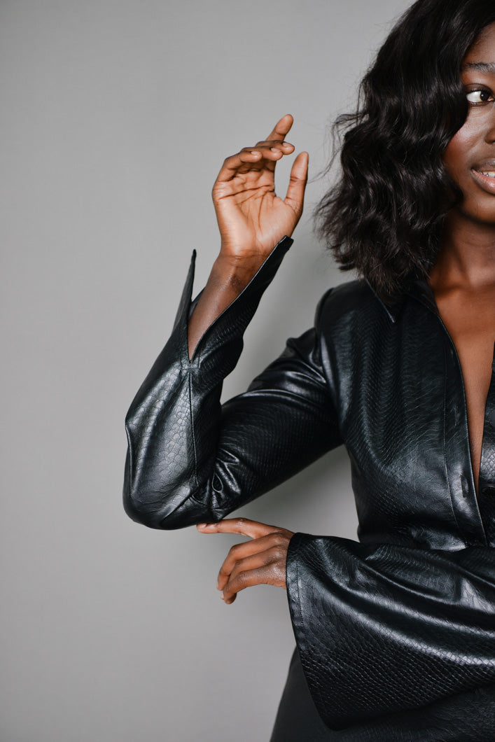 STOCKHOLM FAUX LEATHER MAXI SHIRT DRESS IN BLACK