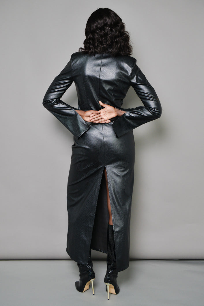 STOCKHOLM FAUX LEATHER MAXI SHIRT DRESS IN BLACK