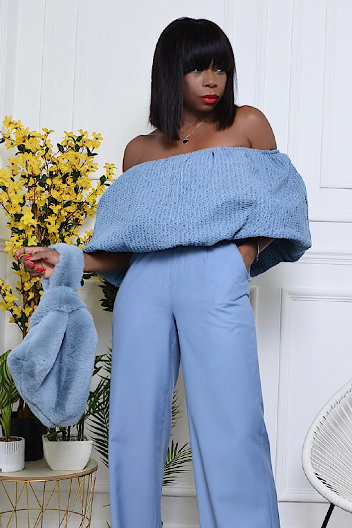 TRENTO TEXTURED DENIM OTS RUFFLE TOP