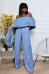 TRENTO TEXTURED DENIM OTS RUFFLE TOP