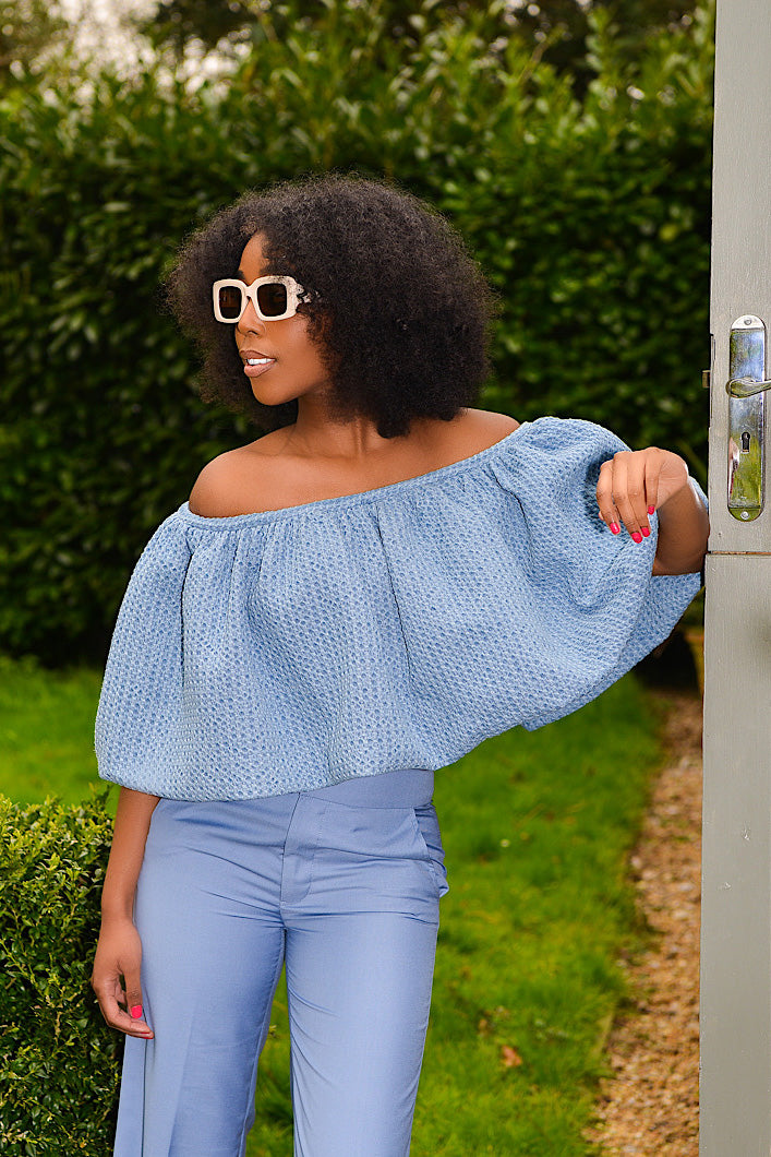 TRENTO TEXTURED DENIM OTS RUFFLE TOP