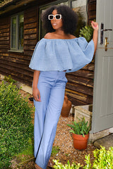 TRENTO TEXTURED DENIM OTS RUFFLE TOP
