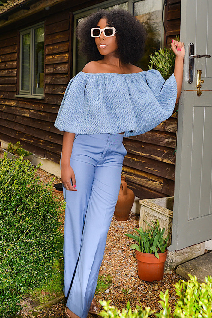 TRENTO TEXTURED DENIM OTS RUFFLE TOP