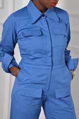 TUNIS TIED CUFF JUMPSUIT IN BLUE