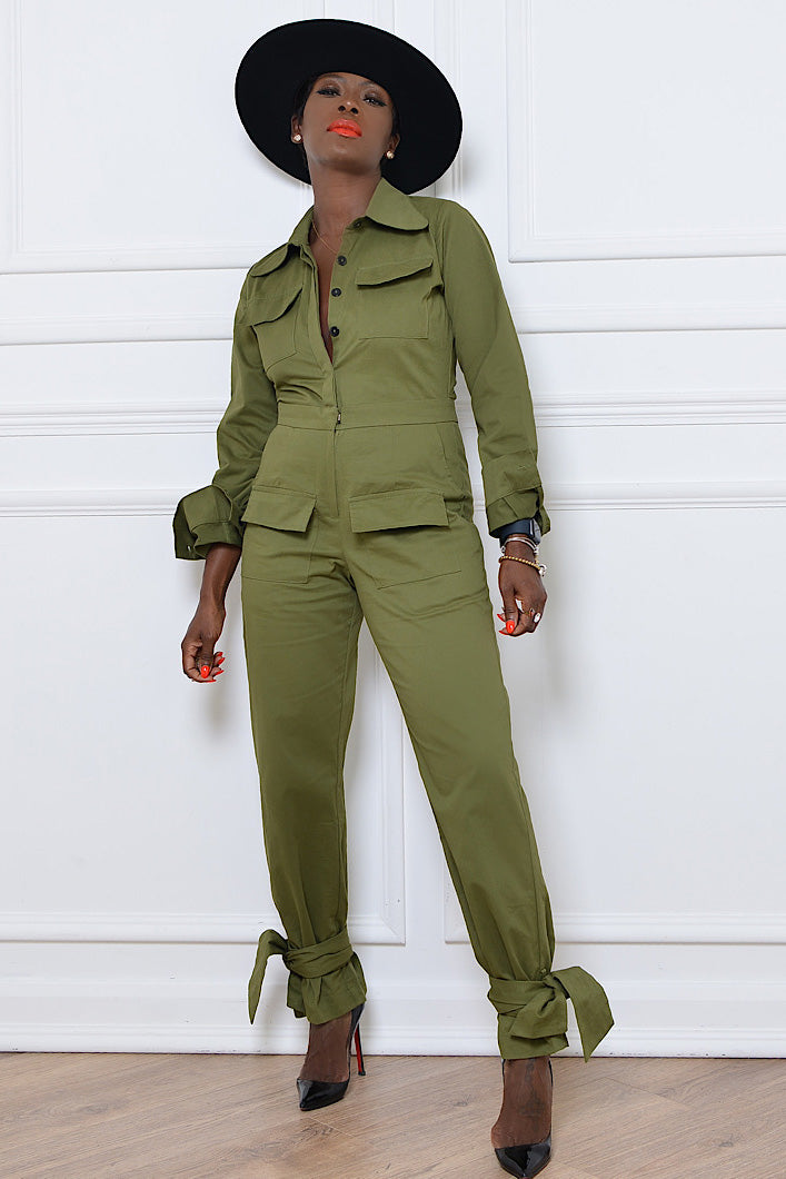 TUNIS TIED CUFF JUMPSUIT IN ARMY GREEN