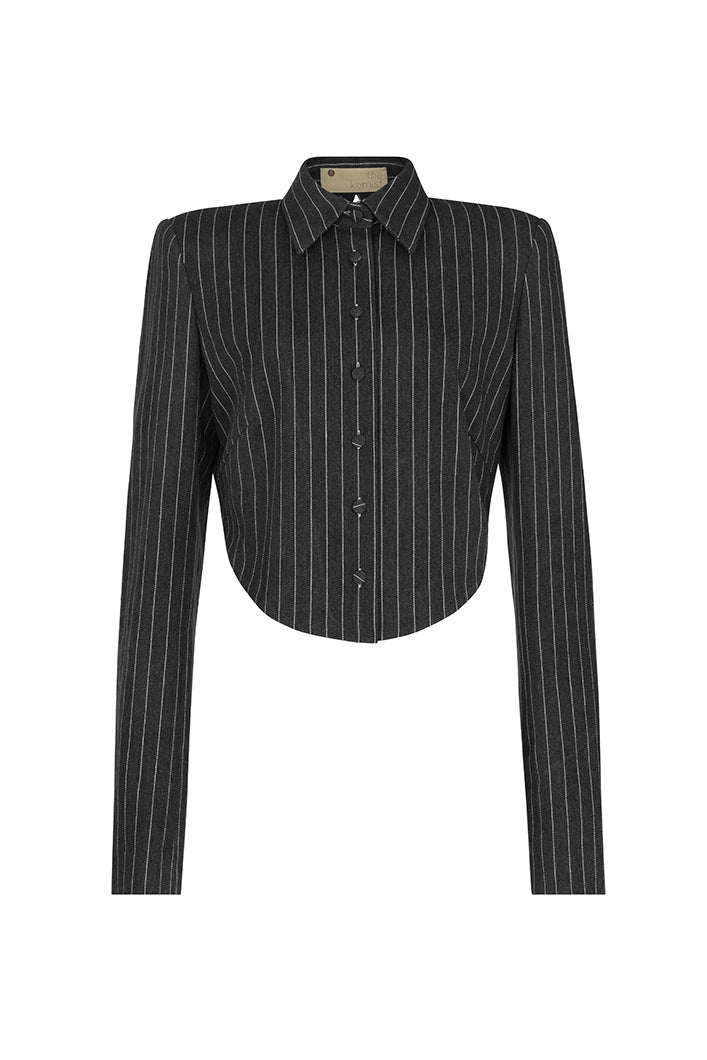 VIENNA PINSTRIPE DENIM TAILORED BACKLESS JACKET IN BLACK
