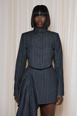 VIENNA PINSTRIPE DENIM TAILORED BACKLESS JACKET IN BLACK