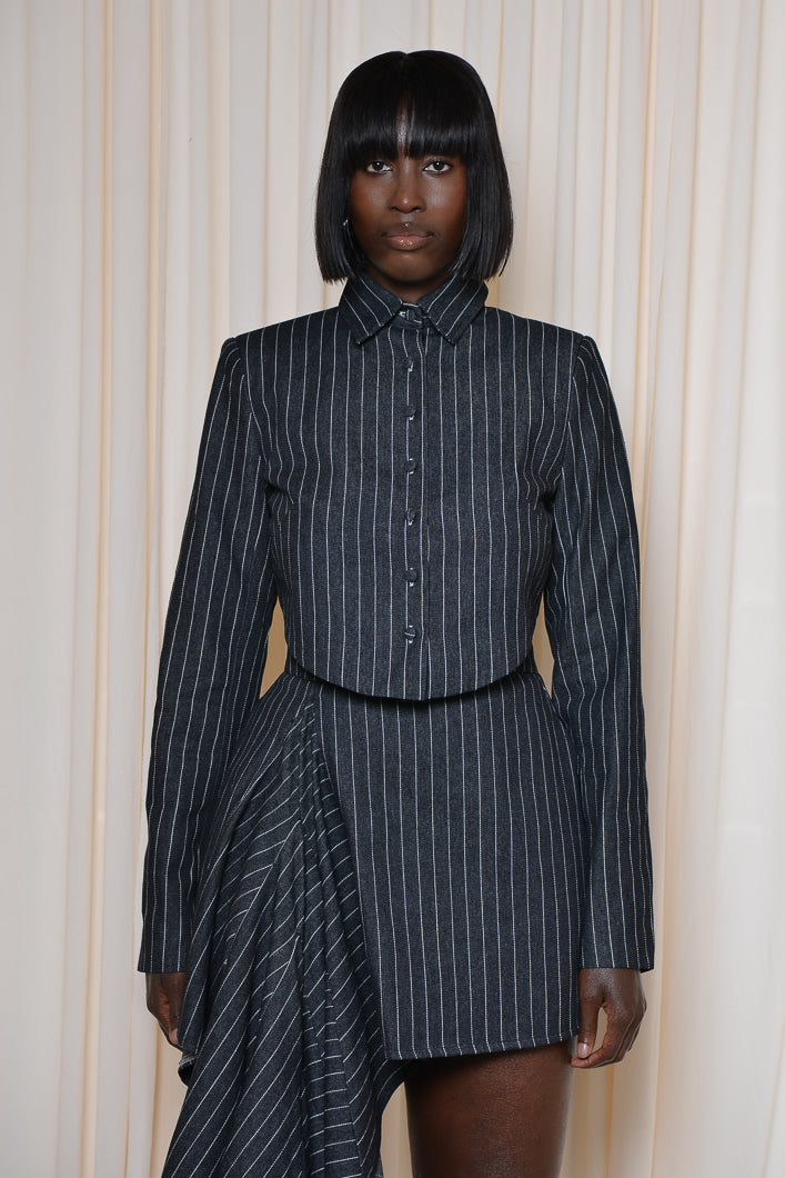 VIENNA PINSTRIPE DENIM TAILORED BACKLESS JACKET IN BLACK