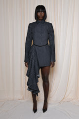 VIENNA DENIM PINSTRIPED ASYMMETRIC MINI SKIRT IN BLACK