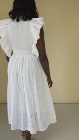 PORTO BRODERIE ANGLAISE SIDE RUFFLE BUTTON DOWN DRESS