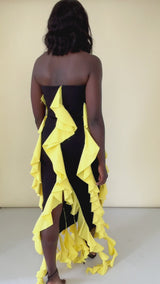 SEVILLE SLEEVELESS WATERFALL RUFFLE DRESS IN BLACK AND YELLOW