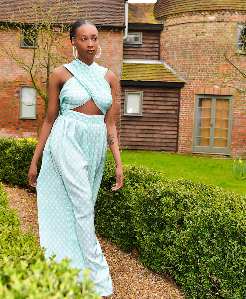 green polkadot wrap up top