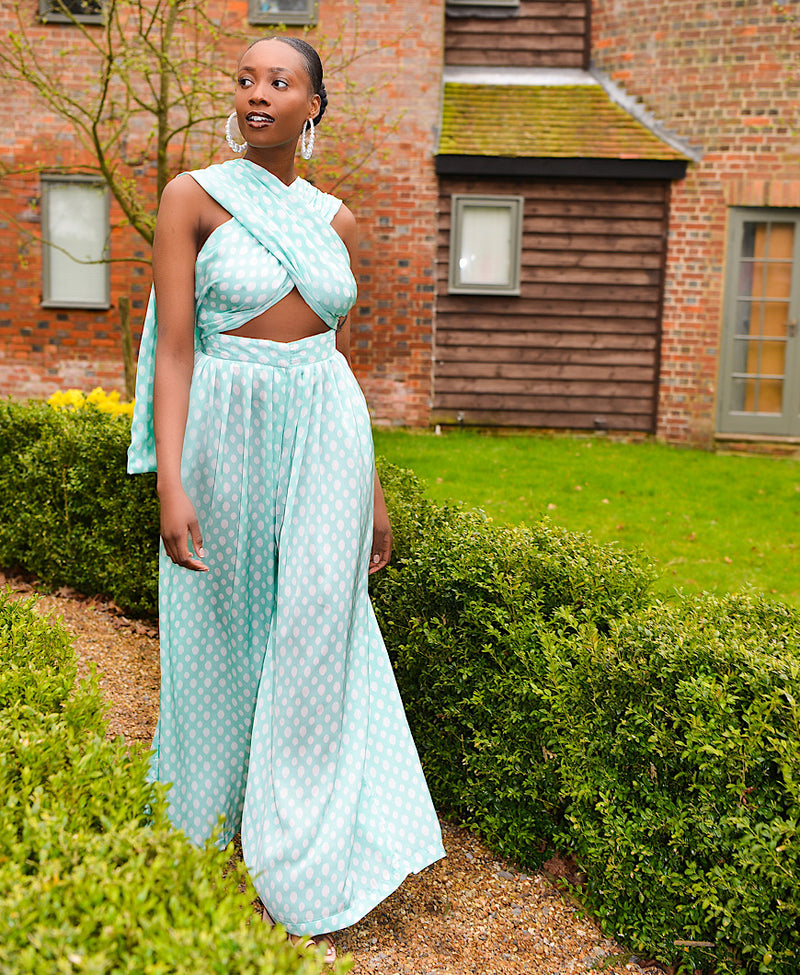 green polkadot wrap up top