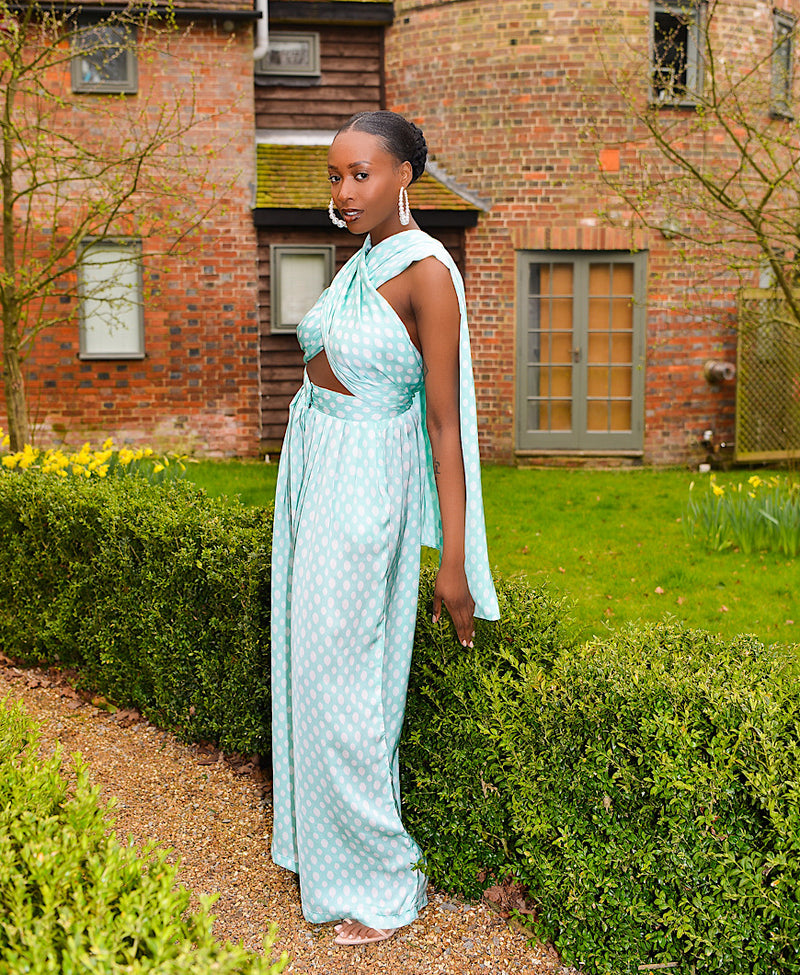 green polkadot wrap up top