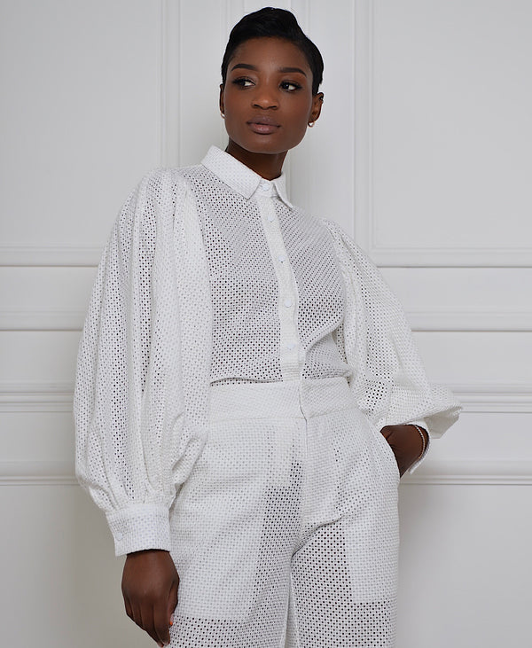 white backless lace puff sleeve shirt