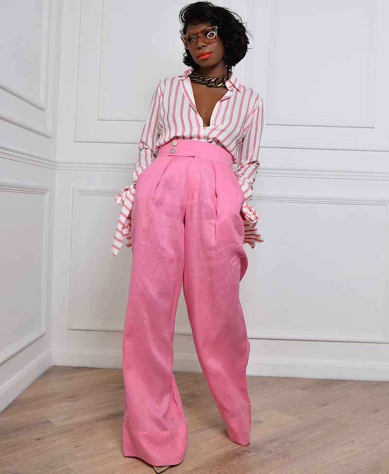 high waisted straight wide pink trousers