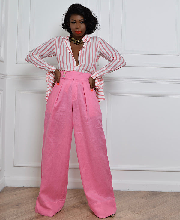 high waisted straight wide pink trousers