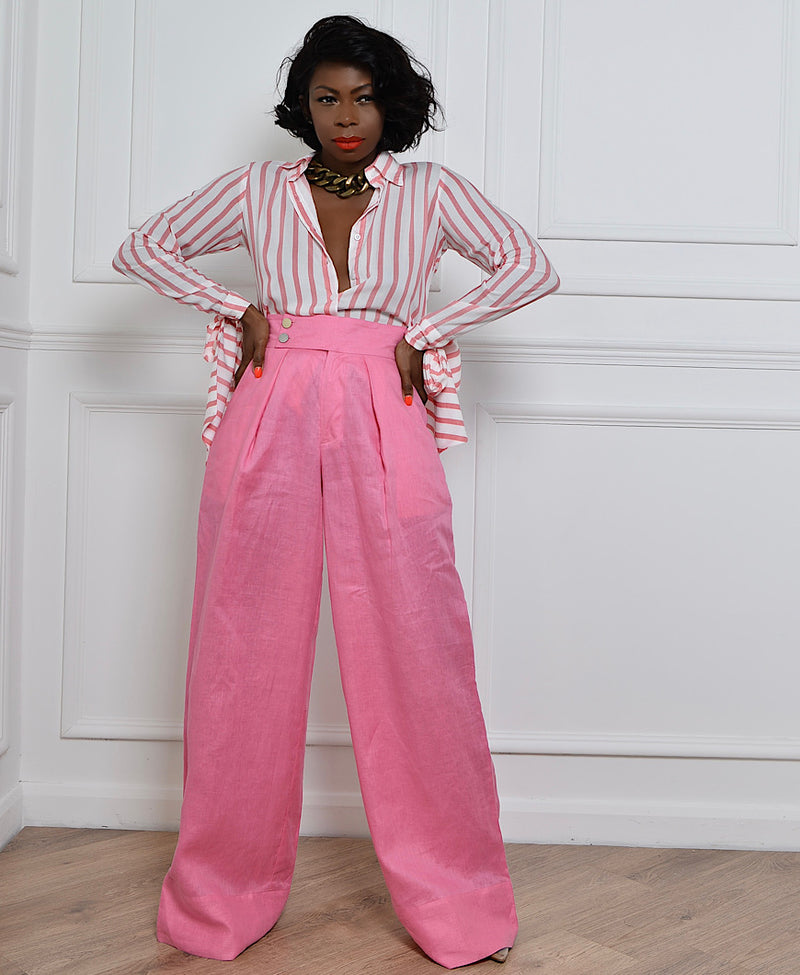 high waisted straight wide pink trousers