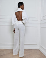 white backless lace puff sleeve shirt