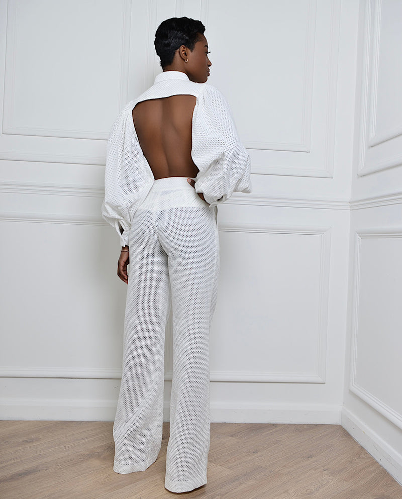 white backless lace puff sleeve shirt