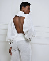 white backless lace puff sleeve shirt
