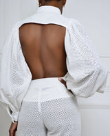 white backless lace puff sleeve shirt