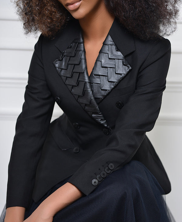 FAUX LEATHER LAPEL BLAZER IN BLACK Success
