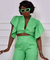 luxor top with pleated sleeve in green