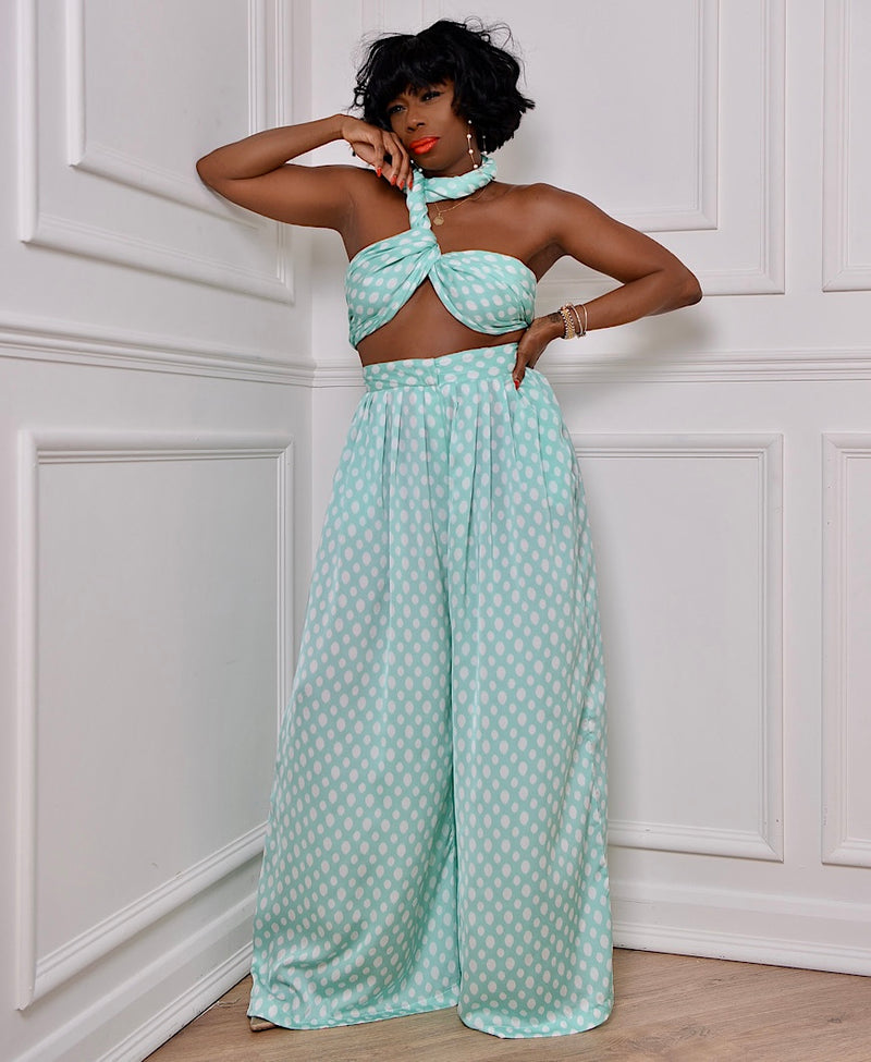 green polkadot wrap up top