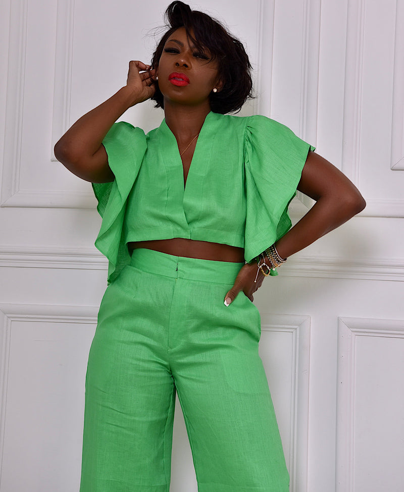 luxor top with pleated sleeve in green